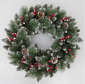 Hot Sale 50cm Pvc Mixed Pine Needle Red Berry Christmas Wreath Decoration Natural Pine Cone Ornaments