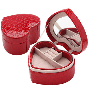 Hot Sale Valentine's Day Gift Heart-shaped Crocodile Pattern Pu Convenient Double-layer Ring Jewelry Storage Box Organizer