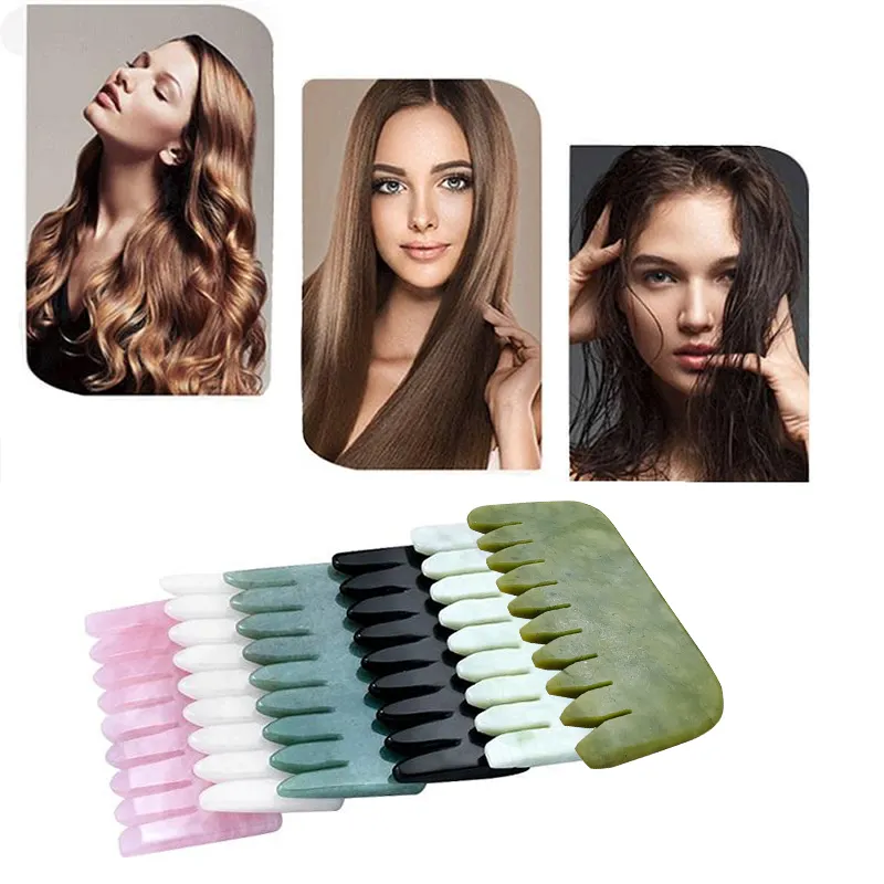 hot selling hair comb head natural guasha face neck lifting massage tool head scalp therapy green gua sha jade hair comb
