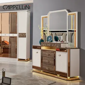 Coiffeuse moderne de luxe en bois pour maquillage Commode pour chambre à coucher Coiffeuse avec lumière LED miroir et chaise