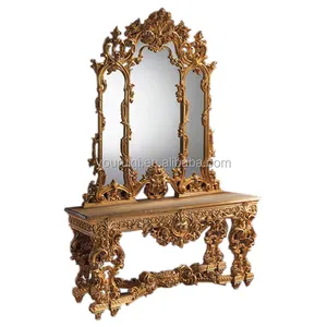 คอนโซล Louis XV แบบโบราณของฝรั่งเศส,โต๊ะคอนโซลทอง24K ไม้แกะสลักสไตล์บาโรกพร้อมกระจก/เฟอร์นิเจอร์แบรนด์ชั้นนำของอิตาลีคลาสสิก