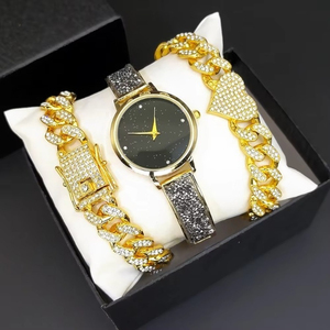 Women <b>Watch</b> and Two Bracelets Set Quartz Alloy Round Dial Rhinestone Inlaid Cuban Link Luxury Style - Product Image 5