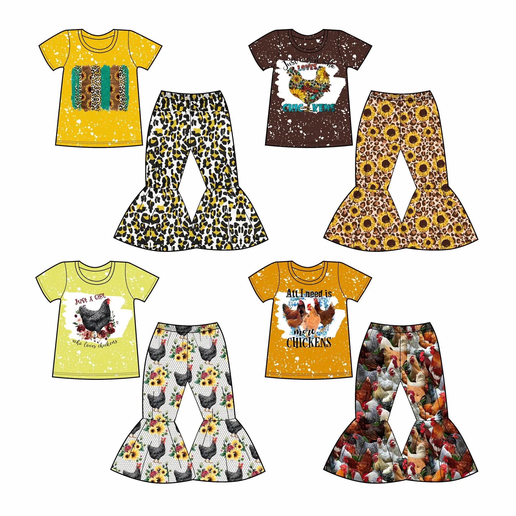 Kids Outfit Farm Animals Print Clothes 2 Piece Caw Floral Outfit Bell Bottom Pant Girls Short Sleeve Shirts Girls Clothing Sets