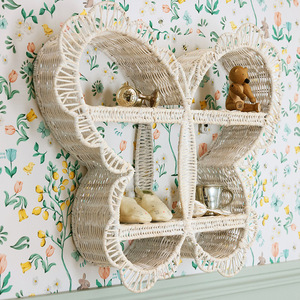 Butterfly Shaped <b>Wall</b> Shelf White Rattan 2 Tier <b>Hanging</b> <b>Storage</b> Display For Kids Room Decor - Product Image 2