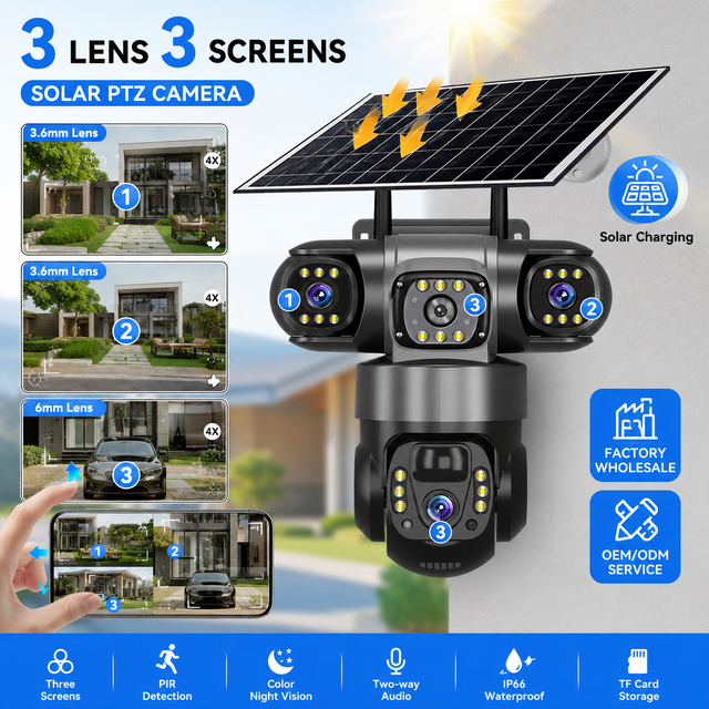 V380 Home Security Camera 4G Solar Charging HD Remote Three-Lens Three-View Two-Way Audio Night Vision Cloud