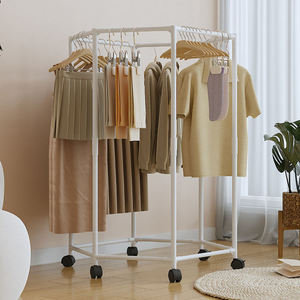 lothing Organizer Rack with Double Tier Stainless Steel Frame Movable Wheels Hooks & Shelves for Bedroom Laundry Balcony - Product Image 1