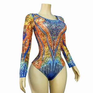 Costume de danse du Xinjiang sexy et scintillant, combinaison en maille ornée de strass colorés, pour spectacle de danse du ventre, défilé de mode, soirée en boîte de nuit, chanteuse, danseuse - Product Image 3