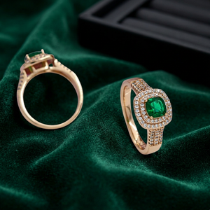 Luxury Brass Gold Plated Emerald Green <b>Crystal</b> Ring Double Halo Cubic Zirconia Cushion Cut Wedding Engagement Jewelry - Product Image 1
