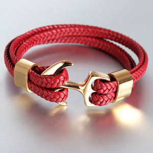 Bracciale in Pelle Vintage con Ancora Nera, Blu o Rossa e Chiusura in Acciaio Inox Dorato per Gioielleria Maschile - Product Image 6
