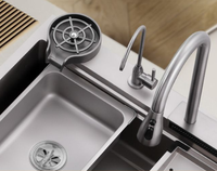 Évier de cuisine moderne en acier inoxydable noir à usage commercial, multifonctionnel, à cascade, à cuve unique, fait à la main, avec robinet