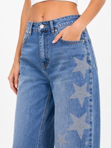 Jean en denim taille haute à jambe large avec imprimé étoiles scintillantes, coupe ample, longueur intégrale, en coton délavé, style décontracté - Product Image 3