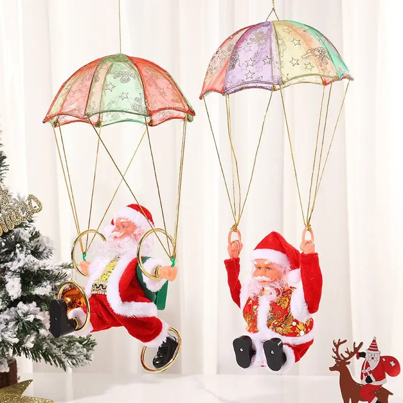 מכירה לוהטת תליית סיבוב סנטה קלאוס צעצועי מצנח סנטה בובות חשמלי מוסיקלי עץ דקור חג המולד סנטה קלאוס מתנה