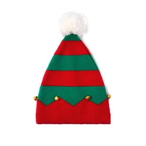 HZM-19215 Toddler Kids cappello lavorato a maglia di natale con piccole campane strisce ondulate pompon all'uncinetto forniture per feste con cappello di babbo natale