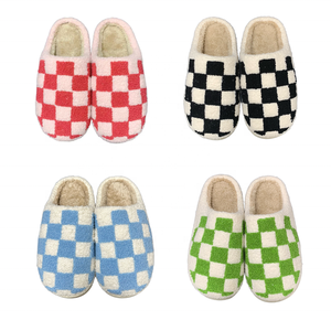 CIXI AIDA Vente en gros de pantoufles en peluche chaudes d'intérieur à carreaux noirs/verts/bleus pour adultes unisexes - Product Image 1