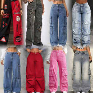 Jeans amples en coton extensible pour femmes, vente en gros, stock Chine, <span class=keywords><strong>grande</strong></span> quantité, pantalons <span class=keywords><strong>de</strong></span> mode pour femmes, jeans à jambes larges - Product Image 4