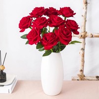 Premium Moderne Umweltfreundliche Handgefertigte Realistische Echt-Touch Samt Seide Rote Rosen Einzelblüten Hochzeitsdekoration DIY