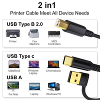 Kabel Printer USB 2-in-1 USB B ke USB C/A Kabel Printer Kecepatan Tinggi Kabel MIDI Jalinan Nilon Kompatibel dengan HP/Dell
