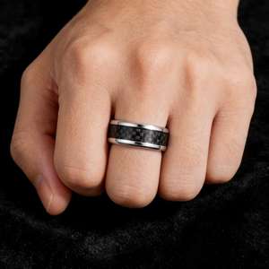 แหวนฝังไทเทเนียมเหล็กคาร์บอนไฟเบอร์สำหรับผู้ชายดีไซน์เรขาคณิตเครื่องประดับสีดำของขวัญ R301 - Product Image 3