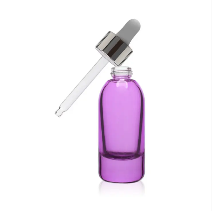 Botella de vidrio púrpura con gotero de cabeza de goma, botellas líquidas de aceite esencial, preesencias, 30ml
