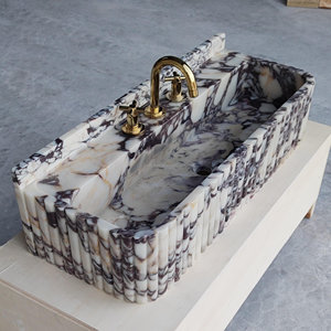 Lavabo da <span class=keywords><strong>Bagno</strong></span> Moderno in Marmo Calacatta Viola Scanalato con Alzatina Integrata per Interni di Lusso - Product Image 3