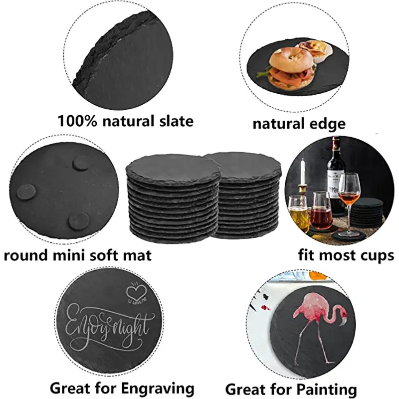 Wholesale Black Non-Slip Engraving Drink Slate Stone Bulk Coasters Set Round Blank Gift Box With Holder For Family gathering