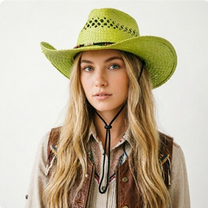 Wholesale Custom Wooden Bead Cowgirl <b>Hats</b> Rancher <b>Hat</b> <b>Western</b> Wide Brim Straw Cowboy <b>Hat</b> for Men Women Summer Beach Outdoor - Product Image 2