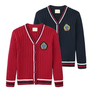 Kingsun OEM ODM 맞춤형 로고 디자인 v 넥 버튼 카디건 소녀와 소년 남녀 공용 코튼 울 패치 학교 스웨터 유니폼