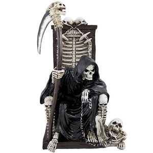 Statue personnalisée en résine, peinte à la main, style gothique artistique, représentant un squelette du Maître des Ténèbres, le Grim Reaper, sur trône, avec une faucille, pour décoration d'Halloween et thème mort. - Product Image 1