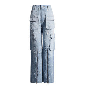 Pantalones Rectos de Estilo Urbano Vintage con Diseño de Cremallera, Jeans Desgastados con Agujeros para Mujer, a la Moda - Product Image 1
