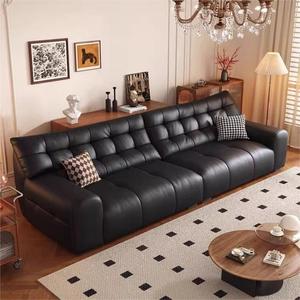 Mid Century Big Black Bear Genuine Leather <b>Sofa</b> Top Grain Cowhide Living Room Italian Minimalist Retro Straight Leather <b>Sofa</b> - Product Image 2