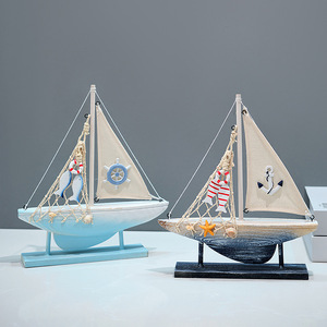 Mediterranean Sailboat Model Wooden Boat Decorative Craft Home Decoration Retro Style <b>Light</b> Blue And Dark Blue Single Piece - Product Image 1