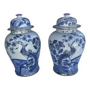 Interior design China fashion blue and white pheasant porcelain jar for home ceramic decor