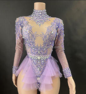 Robe de danse sexy et brillante avec strass, combinaison en tulle rose élastique amincissante, <span class=keywords><strong>costume</strong></span> de scène - Product Image 1
