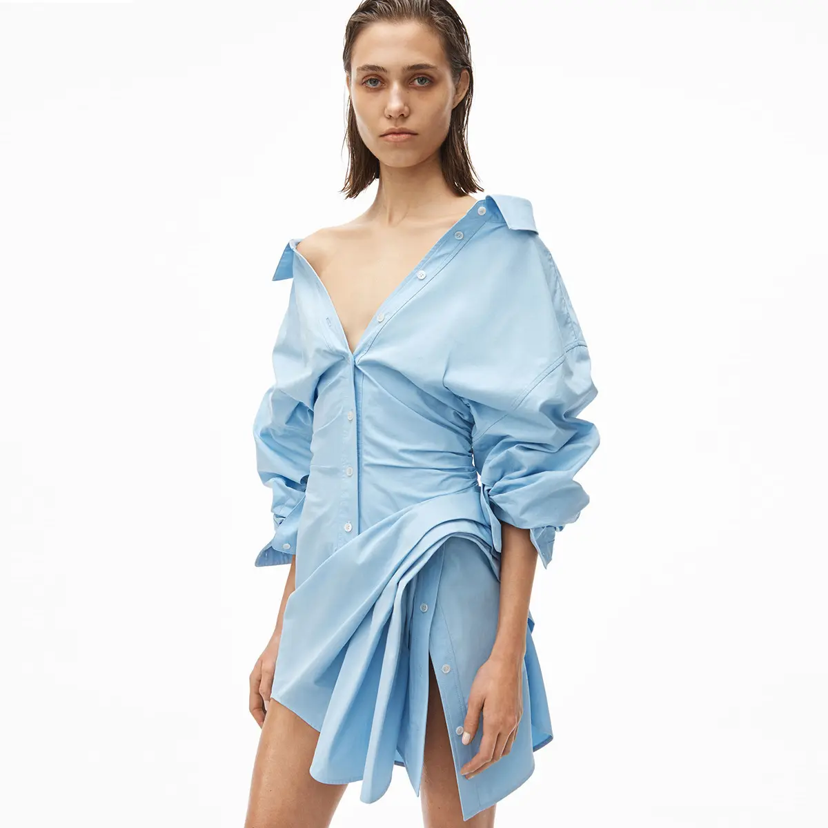 Trending Women Clothing 2021 Irregular Design Dress Hem Vestidos De Ninas Sexy Puff Long Sleeve Solid Color Shirt Dress