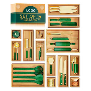 Boîte de rangement en bambou rectangulaire à 14 compartiments et porte-couverts - Écologique et facile à nettoyer pour cuisine/salle de bain/bureau - Product Image 1