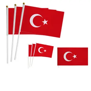 Drapeau personnalisé de haute qualité en polyester rouge blanc et turc avec poteau en plastique de 30cm