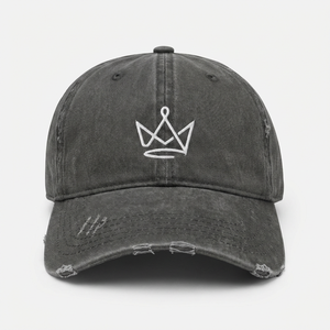 Gorra de Estilo Vintage Desgastado, Tipo Dad Hat, de Algodón Gris Oscuro Lavado, con Bordado Abstracto de Corona, Estilo Hip Hop Envejecido, Ajustable - Product Image 1