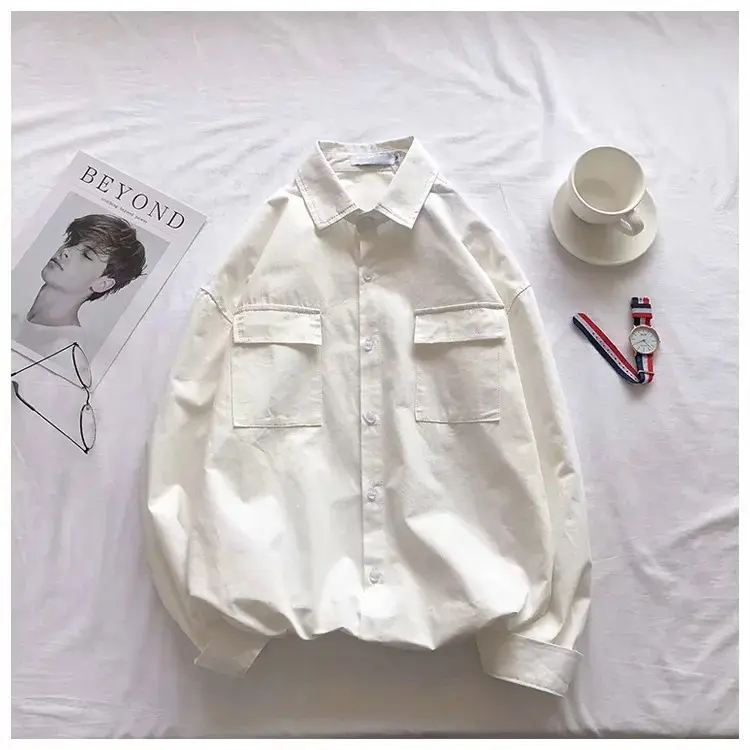 Chemise blanche à manches longues pour hommes, chemise basique de style boxer, décontractée, logo personnalisé, en coton