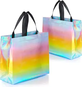 2024 Custom Promotional Fashion Gift Shopping Flash Holographic Silver Handheld Metal Laser Non Woven Bags