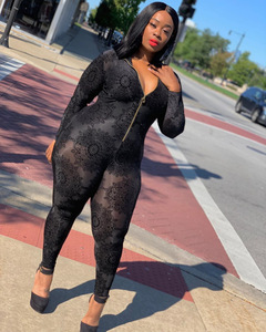Black Sheer <strong>Mesh</strong> Flower Flocking Bandage Rompers Women Zipper up Long Sleeve Skinny <strong>Catsuit</strong> Elegant See Through Party Bodysuit - Product Image 4