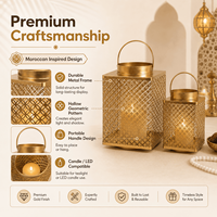 Lot de lanternes de luxe en métal doré pour le Ramadan, style marocain ajouré géométrique, pour la décoration de la maison et des mariages de l'Aïd