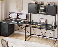 Bureau d'ordinateur d'angle, bureau en forme de L réversible avec tiroirs en tissu et prise de courant, bureau de jeu avec éclairage LED et étagère pour la maison