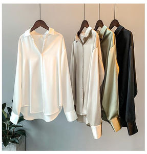 长袖缎面垂坠凉爽纯色衬衫女式休闲衬衫上衣时尚 - Product Image 1