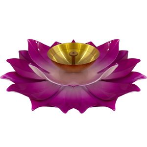 Lotus Shaped Brass Diya Pink Floral Oil <b>Lamp</b> For Pooja Aarti Temple Prayer And Festive Home Decor 15 Cm Width - Product Image 2