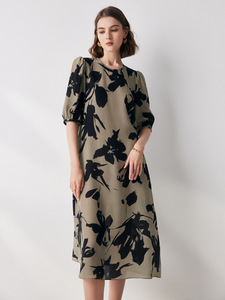 Đầm lụa ngắn tay nữ in họa tiết trừu tượng mới 100% lụa Momme dài đến đầu gối - Product Image 4