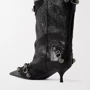 Women's Metal Studs Mid Calf Booties Pointy Toe Low Heels Short <b>Boots</b> Dress Stiletto on Top Wide Shoes - Product Image 5