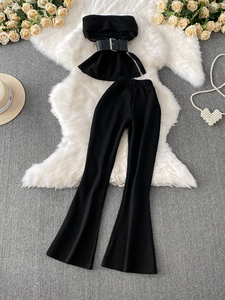 طقم أنيق مكون من توب بدون أكتاف مع سحاب جانبي وتصميم يضيق الخصر + بنطلون واسع عالي الخصر، مصنوع من البوليستر 100٪ برقبة دائرية - Product Image 3