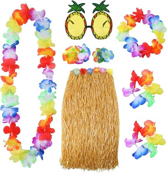 Set De 8 Accesorios Hawaianos – Falda De Hierba De 80 Cm, Guirnaldas, Gafas De Piña Y Horquilla Para Fiesta Tropical