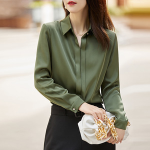 Women's Green Satin Shirt Long Sleeve Solid Color Office Wear Professional Blouse Spring Autumn 2024 - Product Image 1