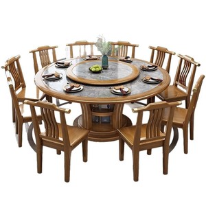 Ensemble table et chaises de salle à manger rondes de style chinois en bois massif avec plateau en pierre, grand mobilier de salle à manger pour les réunions de famille à la maison - Product Image 4